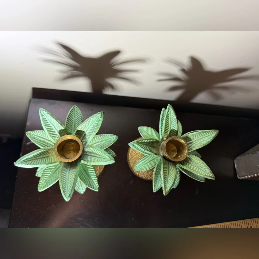 2 Vintage Brass‎ Palm Tree Taper Candle Stick Holders  Tropical Decor 6” H Green
